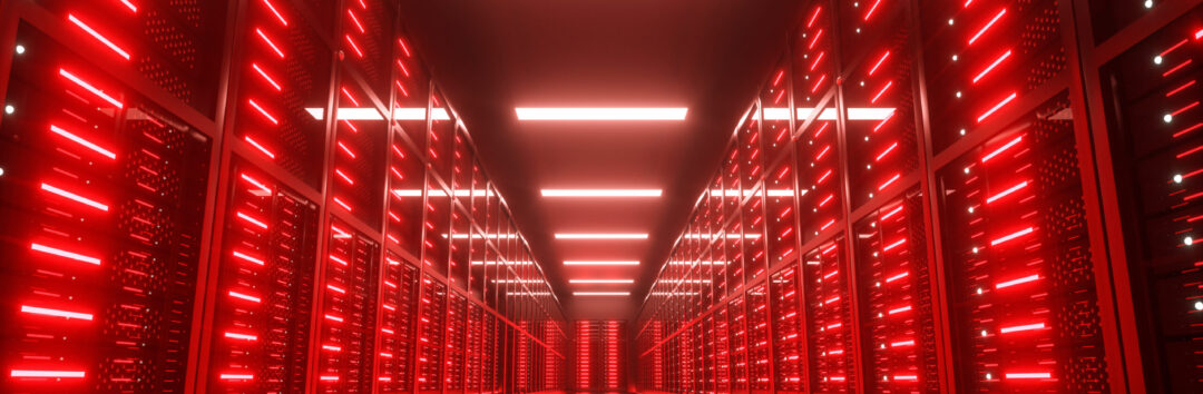 Endangered, hacked Server room interior in datacenter, red lights. 3D Render