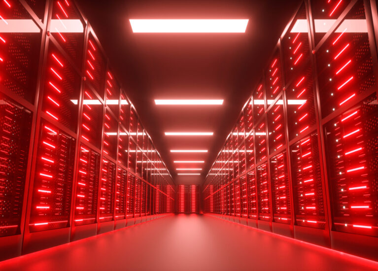 Endangered, hacked Server room interior in datacenter, red lights. 3D Render