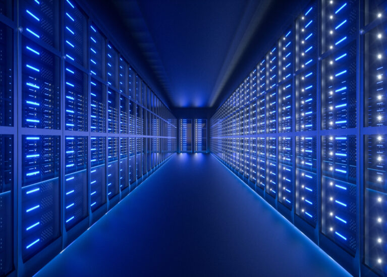 Server room interior in datacenter. 3D Render